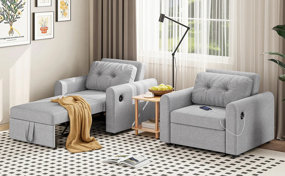 Single Sofa Bed, 3-in-1 Convertible Pull Out Sleeper Sofa Bed Chair with USB Ports & Side Pocket for Living Room, Guest Room