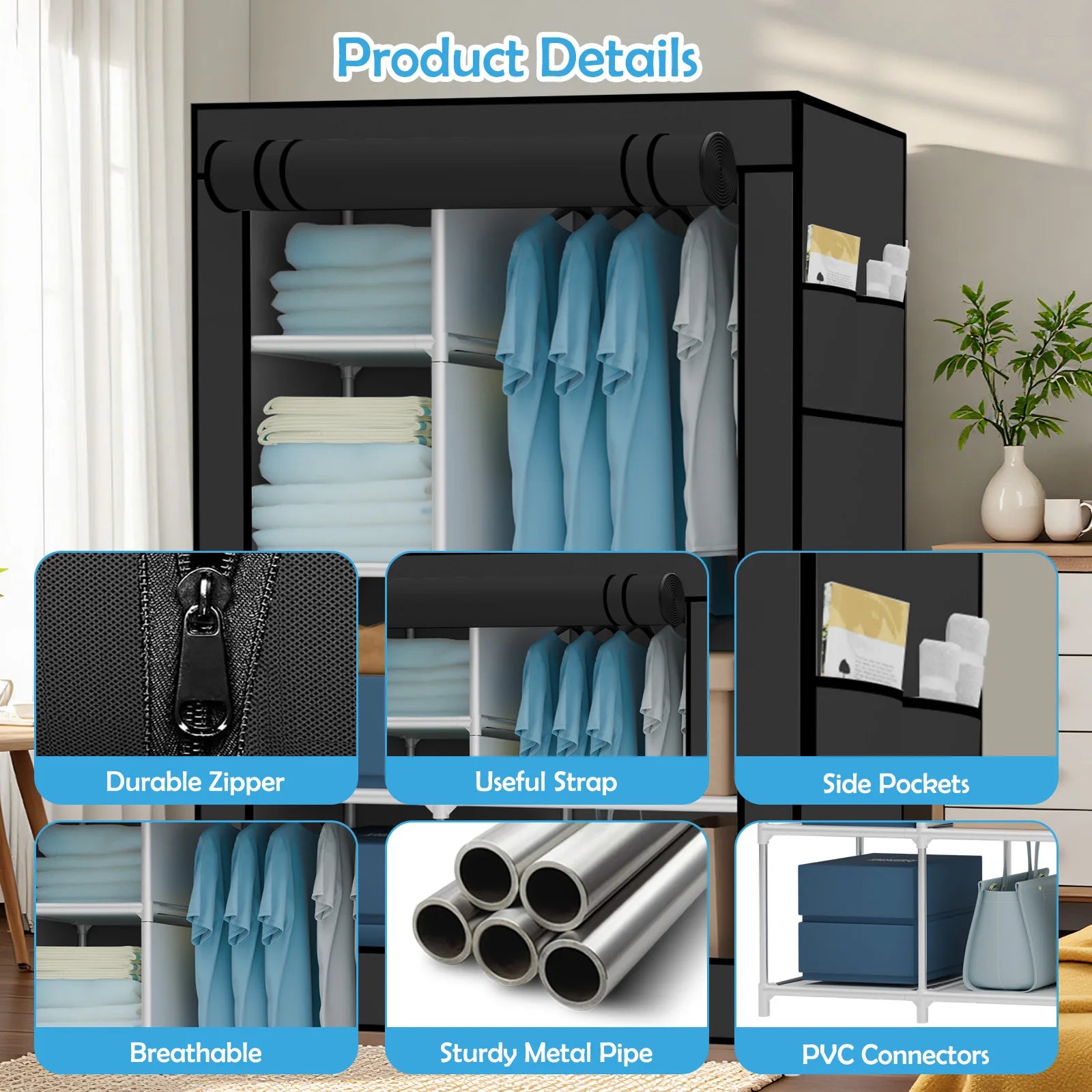 Portable Wardrobe Closet Organizer with Cover Non-Woven Steel Tube Frame 6 Shelves 2 Side Pockets 12mm Easy Assembly for Bedroom