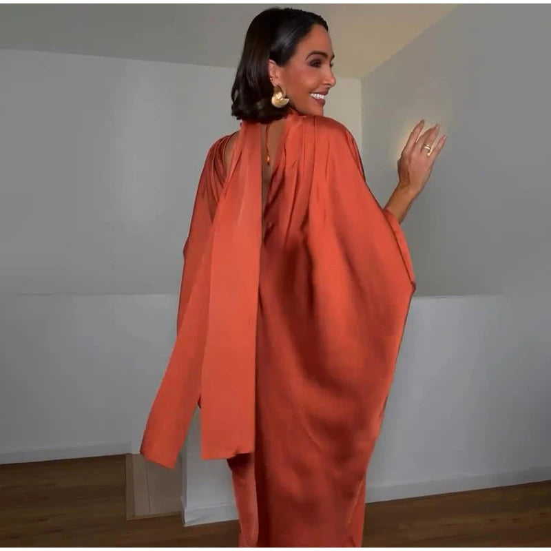 Solid Satin Maxi Dress Women Chic High Neck Batwing Sleeve Front Slit Loose Fit Dresses 2026 Summer Elegant Evening Party Gown