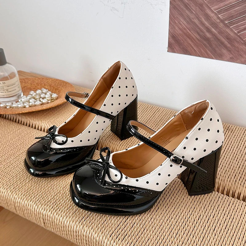 Platform Block Heels Polka Dot Women Mary Jane Shoes Concise Ankle Strap Shoes Spring Women's Elegant Butterfly-knot Dress Pumps