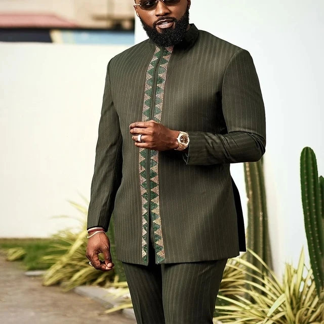 2025 New Elegant Men's Suit African Style Kaftan Embroidery Casual 2 Piece Suit Festive Wedding Traditional Men's Clothing