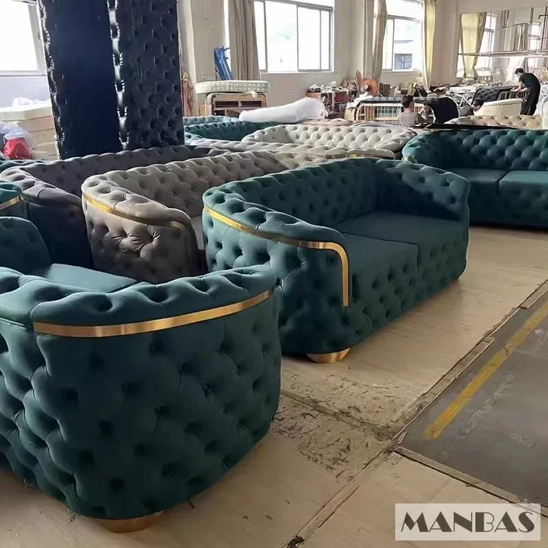 Linlamlim Classic Chesterfield Sectional Sofa with Cloth Buttons and Fabric Modular Couch for Living Room Seating Home Furniture