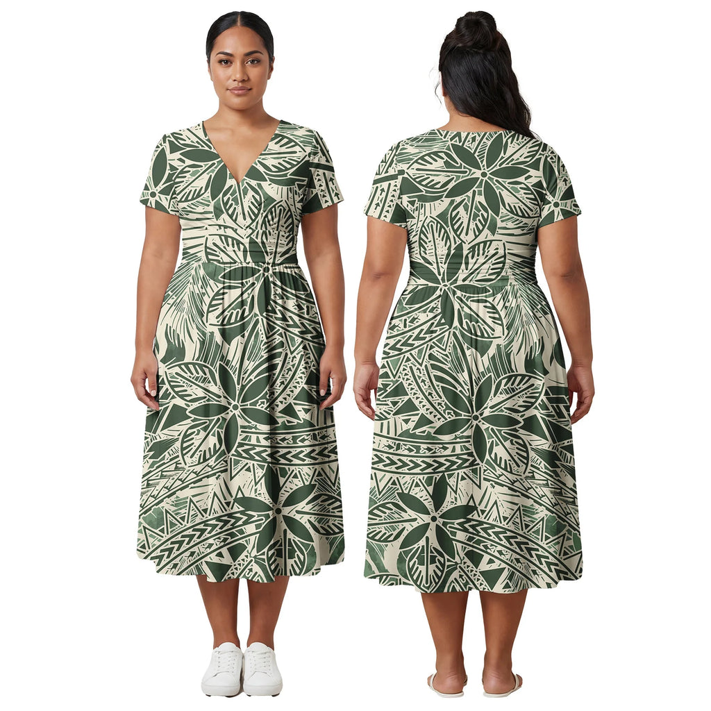 Factory Outlet Outfits Custom Ladies Samoan Tribal Prom Dresses Polynesian Fashion Plus Size Skirts Hawaiian V-Neck Women Dress