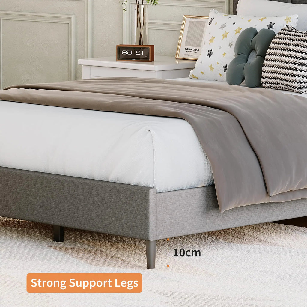 Upholstered Double Platform Bed Frame With Headboard Heavy Duty Metal Base And Wooden Slats No Box Spring Needed Noise-Free Under Bed Storage Easy Assembly