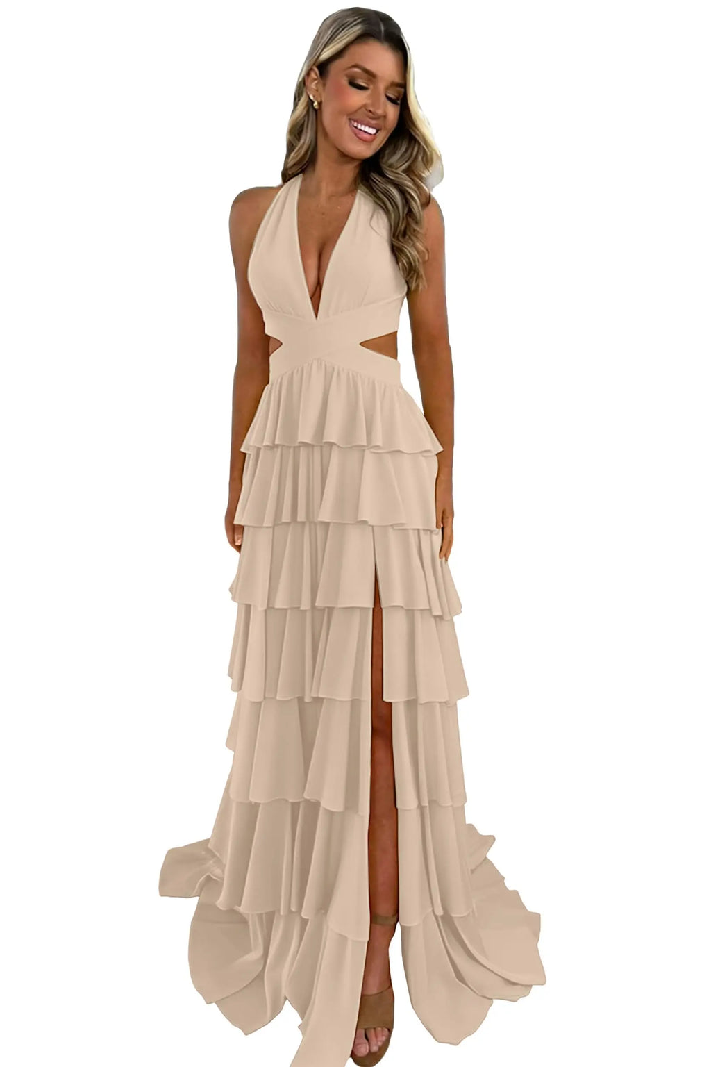 Customized Halter Tiered Ruffle Prom Dresses for Women 2026 Strapless Chiffon Long Formal Evening Party Gowns with Slit