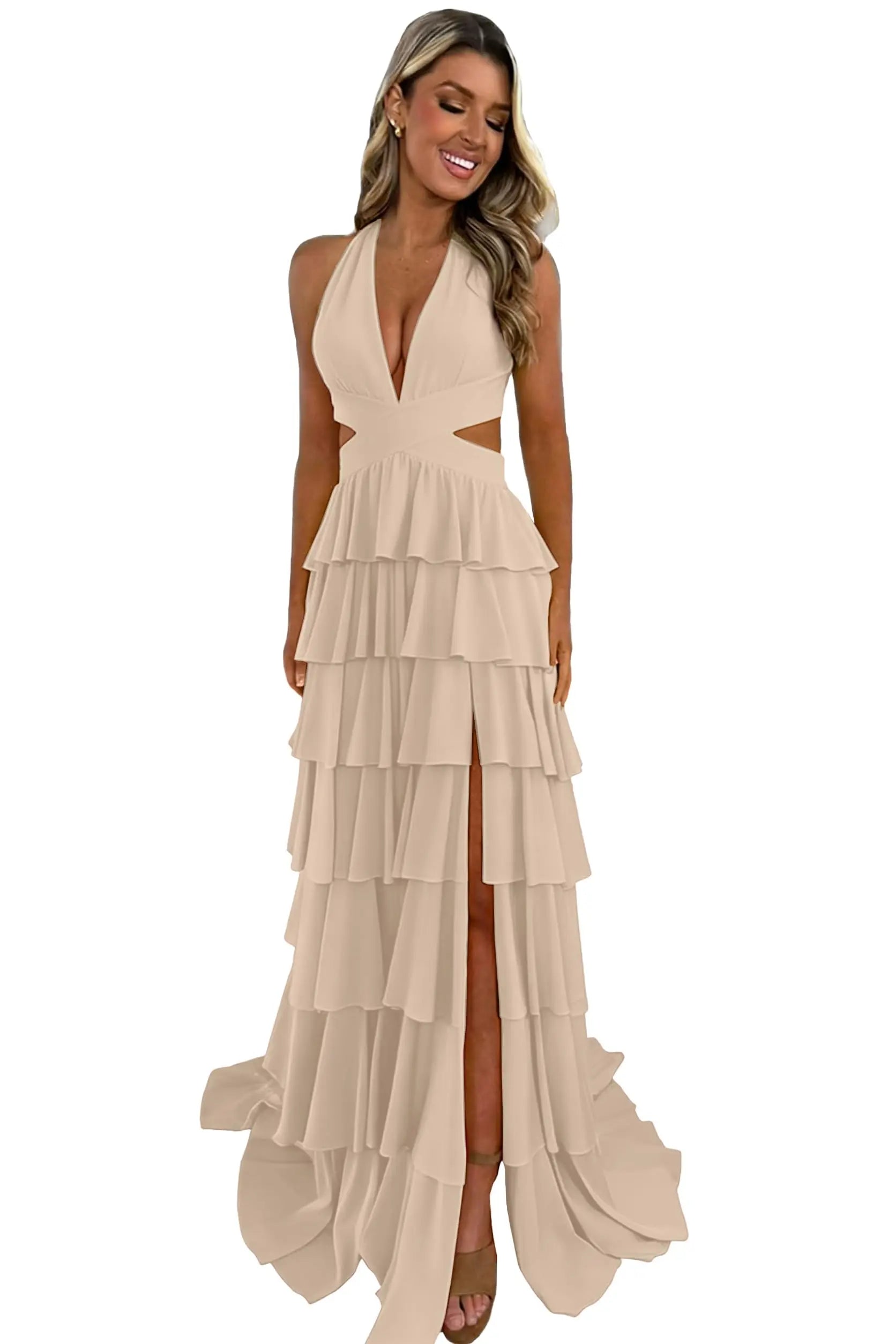 Customized Halter Tiered Ruffle Prom Dresses for Women 2026 Strapless Chiffon Long Formal Evening Party Gowns with Slit