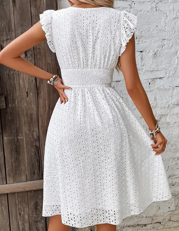 White Lace Fashion Hollow Mini Dress For Women V-Neck Summer Elegant Office Ladies A-Line Dresses Casual Beach Holiday Sundress