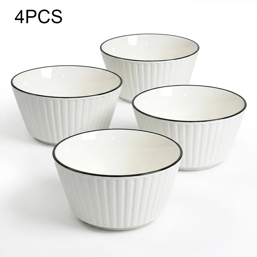4PCS 6in Ceramic Bowls Set, White Black Rim Round Porcelain Tableware, Glossy Finish, Multi Safe Oven Microwave Dishwasher, for Home Dining, Ice Cream, Desserts, Snacks, Stackable, Noodles, Kitchen Table Decor, Party Tablewar