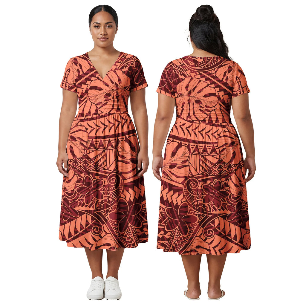 Factory Outlet Outfits Custom Ladies Samoan Tribal Prom Dresses Polynesian Fashion Plus Size Skirts Hawaiian V-Neck Women Dress