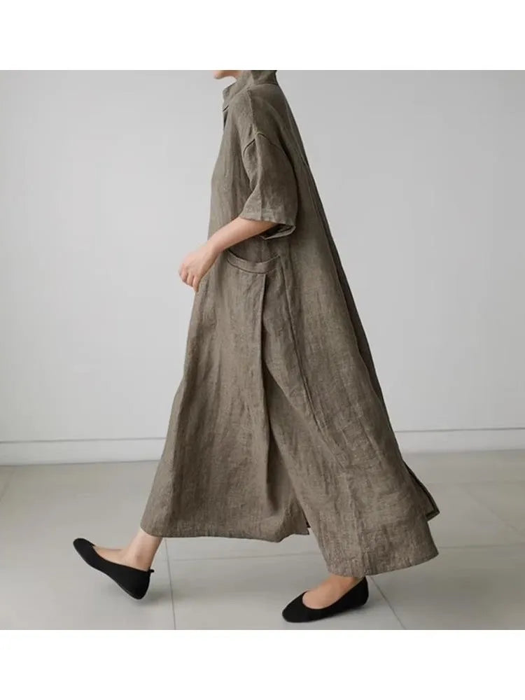 Women V‑Neck Midi Long Dress Short Sleeve Loose Dress With Pockets Casual Vacation Daily Streetwear Ladies Baggy Maxi Dresses