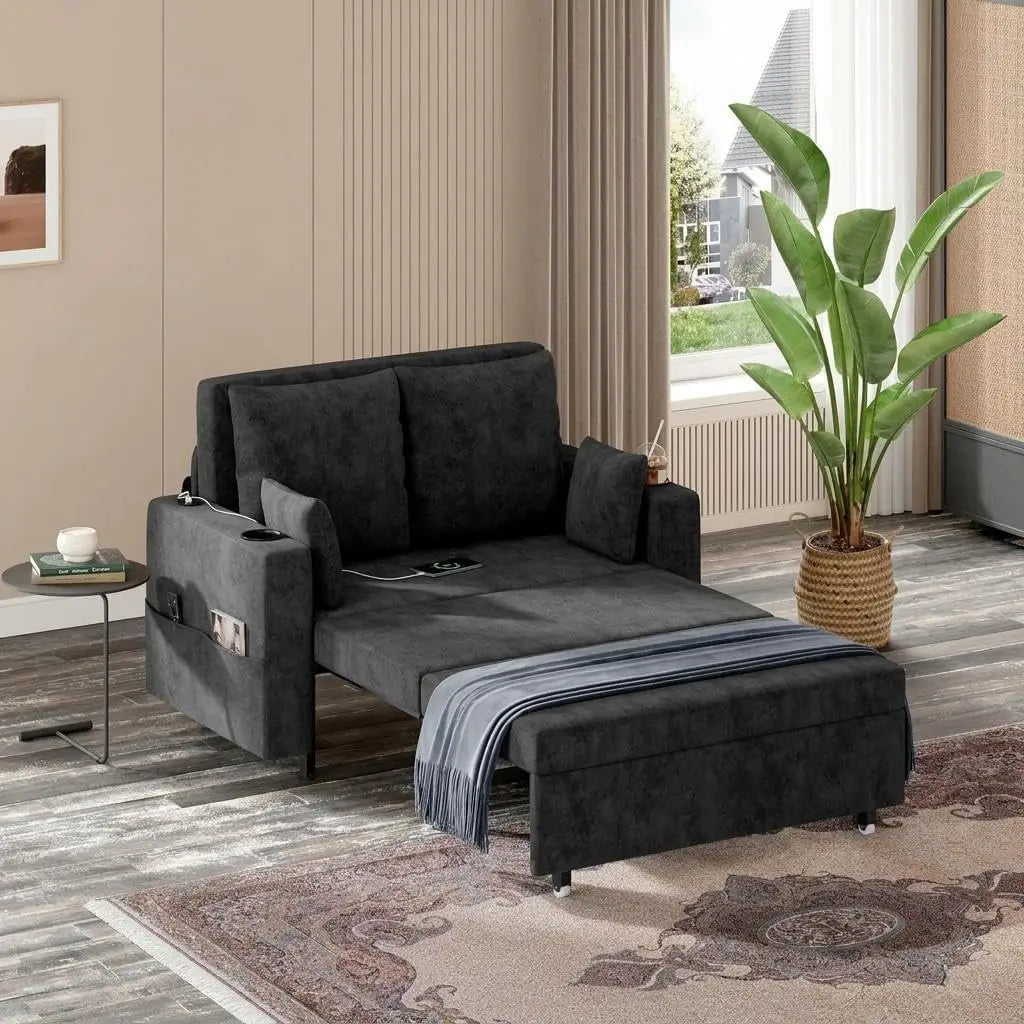 3 in 1 Pull Out Couch, Convertible Sleeper Sofa Bed, 56 Inch Loveseat Sofa Couch with Cup Holders, Modern Loveseat Sleeper Sofa for Living Room, Bedroom