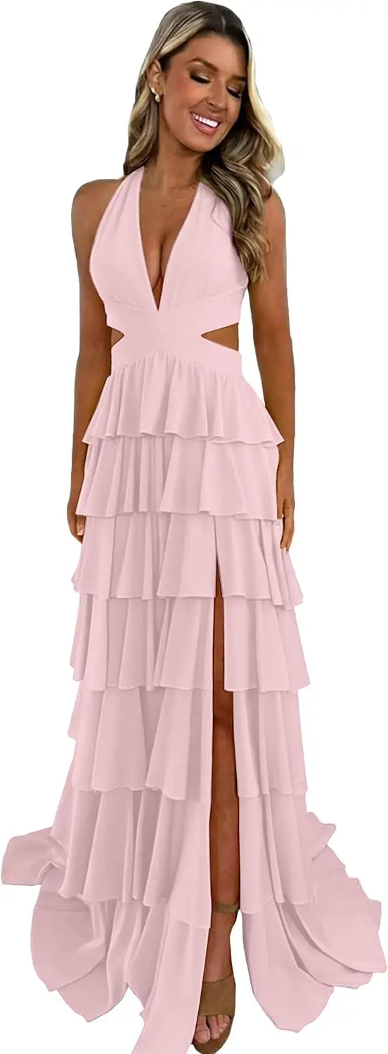 Customized Halter Tiered Ruffle Prom Dresses for Women 2026 Strapless Chiffon Long Formal Evening Party Gowns with Slit