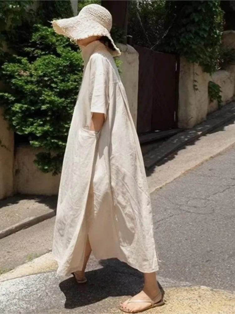 Women V‑Neck Midi Long Dress Short Sleeve Loose Dress With Pockets Casual Vacation Daily Streetwear Ladies Baggy Maxi Dresses