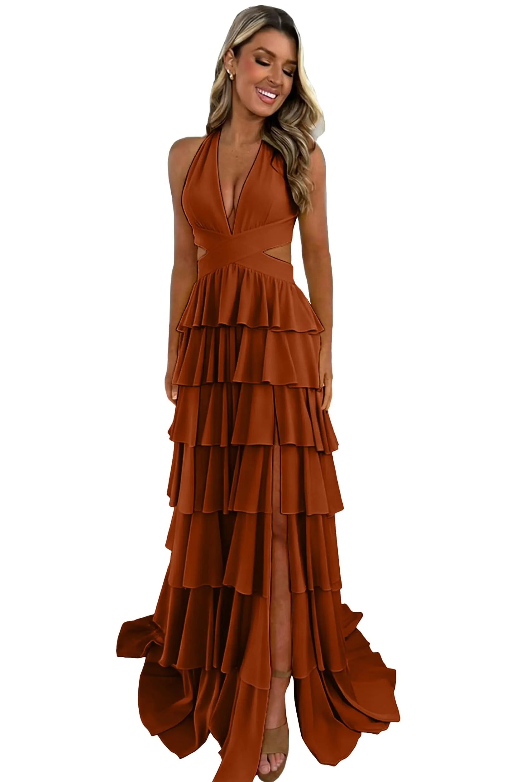Customized Halter Tiered Ruffle Prom Dresses for Women 2026 Strapless Chiffon Long Formal Evening Party Gowns with Slit