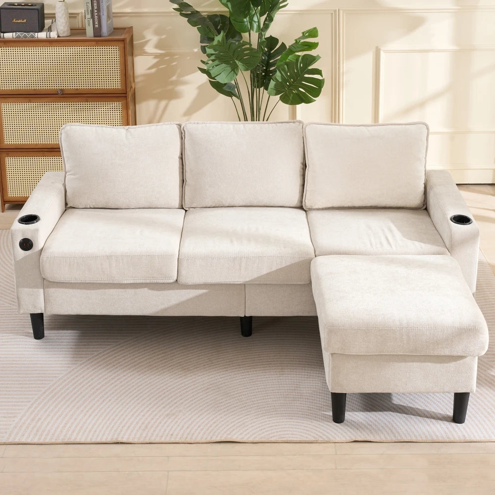 PINOOG L-Shaped Couch Sofa, Corner Sofa 3 Seater Sofa, Sectional Sofa Couches With USB, Cup Holder, For Apartment Living Room (Beige)