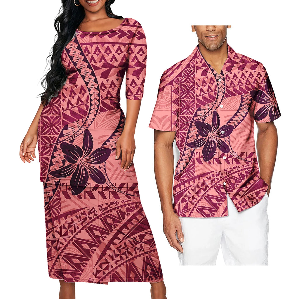 Polynesian Tribal Clothing Set Samoan Print Couple Clothing Set 2024 Girl's Party Casual Dresses Women Ladies Match Men Shirts