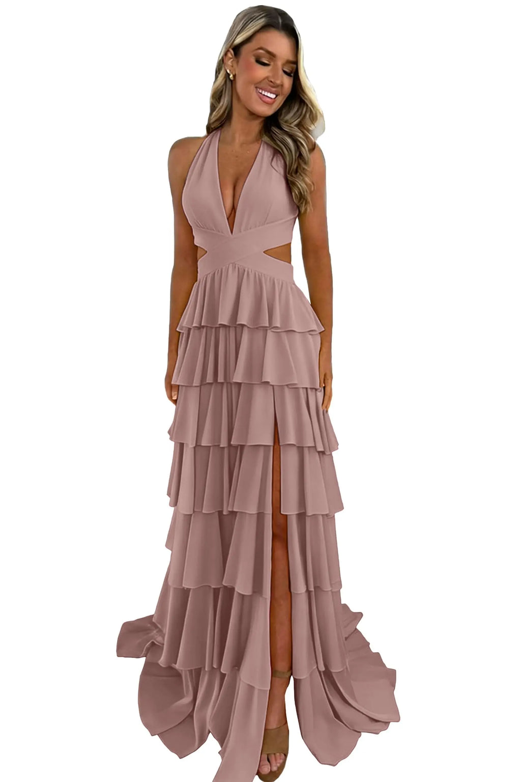 Customized Halter Tiered Ruffle Prom Dresses for Women 2026 Strapless Chiffon Long Formal Evening Party Gowns with Slit