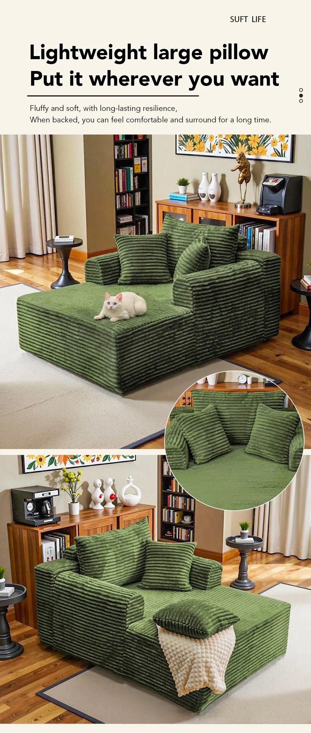 SINGLE SOFA BED, LAZY LOUNGE CHAIR SOFA WITH TWO PILLOWS AND CLOUD ARMRESTS, ULTRA SOFT SEAT CUSHION BONELESS SOFA, FREE INSTALLATION LIVING ROOM SOFA, HOME FURNITURE THAT CAN BE RECLINED OR SEATED, SUITABLE FOR BEDROOMS, LOU