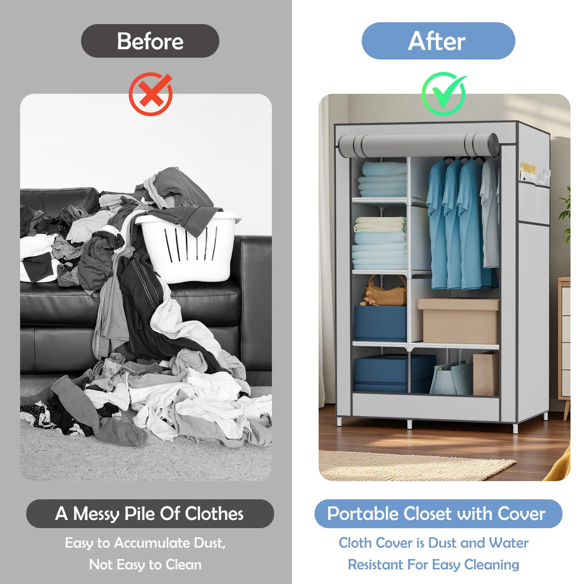 Portable Wardrobe Closet Organizer with Cover Non-Woven Steel Tube Frame 6 Shelves 2 Side Pockets 12mm Easy Assembly for Bedroom