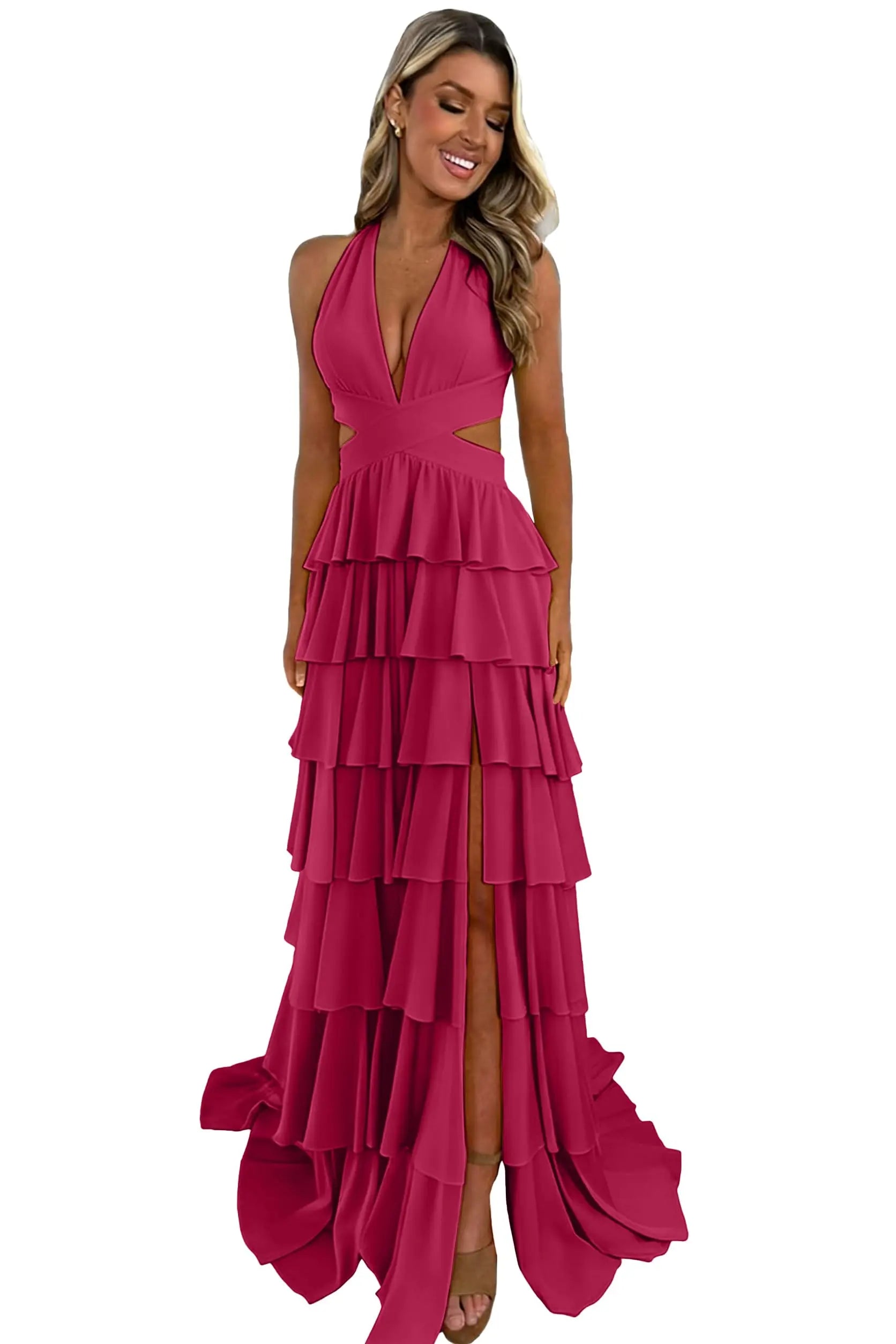 Customized Halter Tiered Ruffle Prom Dresses for Women 2026 Strapless Chiffon Long Formal Evening Party Gowns with Slit