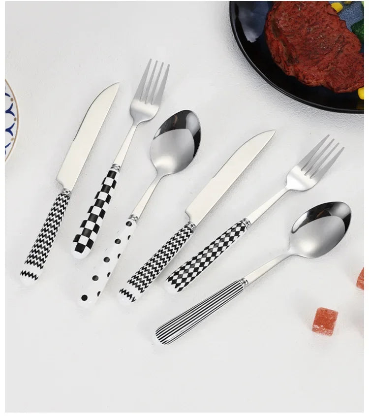 Korean Dotted Retro Stainless Steel Tableware 4-Piece Set, Western Steak Fork & Butter Spoon Household Dinner Cutlery Set