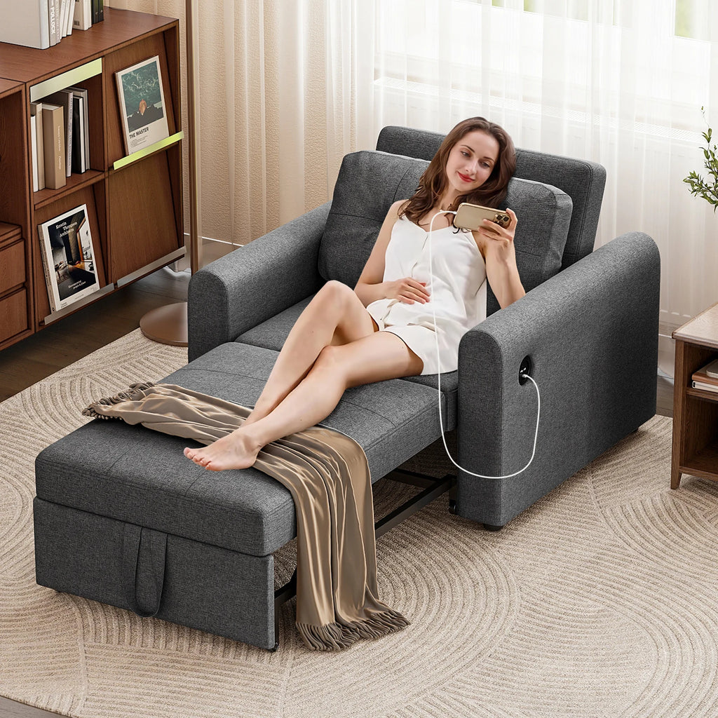 Single Sofa Bed, 3-in-1 Convertible Pull Out Sleeper Sofa Bed Chair with USB Ports & Side Pocket for Living Room, Guest Room