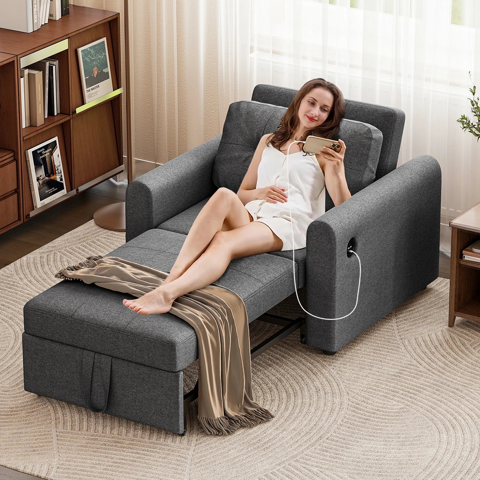 Single Sofa Bed, 3-in-1 Convertible Pull Out Sleeper Sofa Bed Chair with USB Ports & Side Pocket for Living Room, Guest Room
