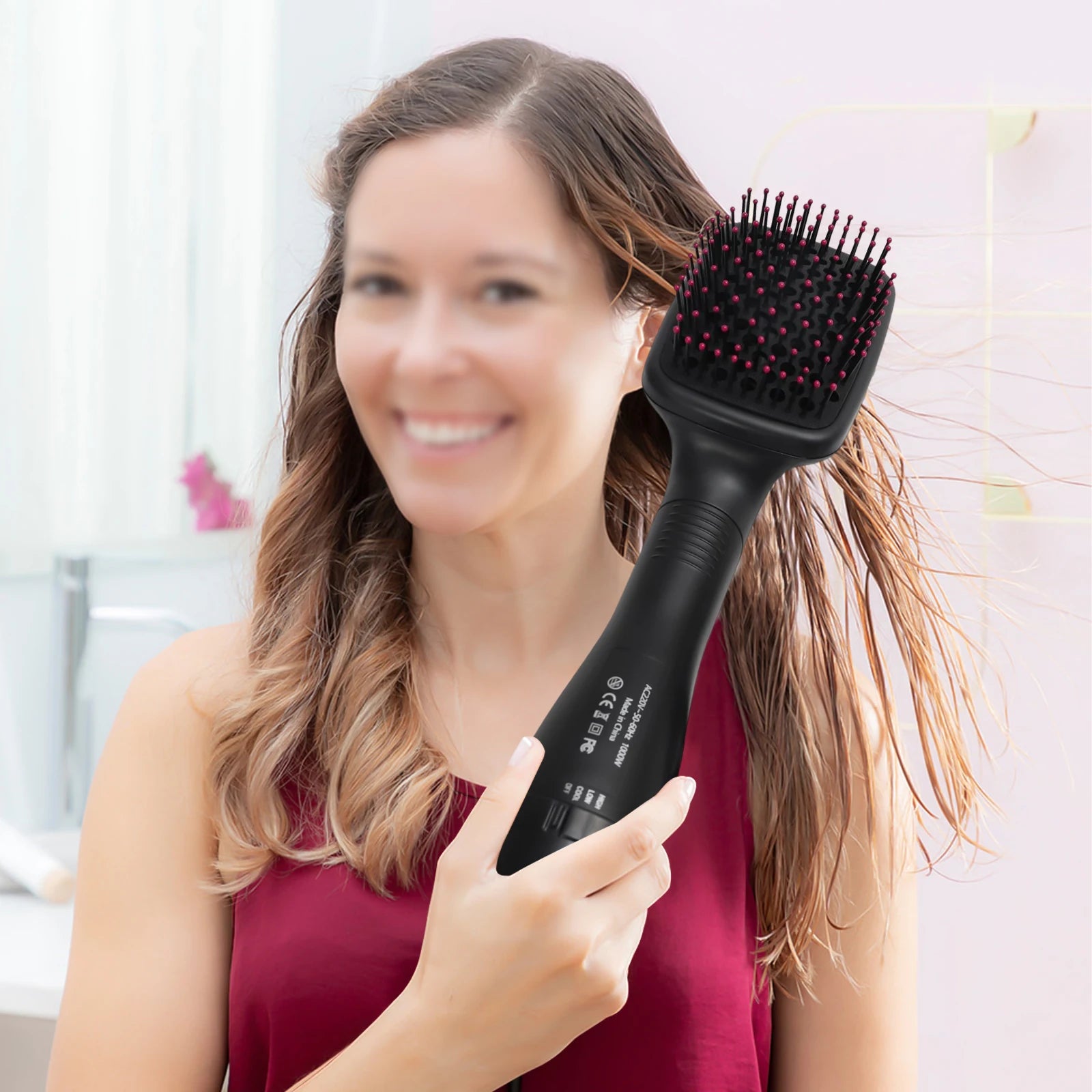 One-Step Hair Dryer and Styler, 1000W Hot Air Hair Straightener Brush, 3-in-1 Hair Drying & Straightening Brush with Adjustable Temperature, Black (UK Plug)