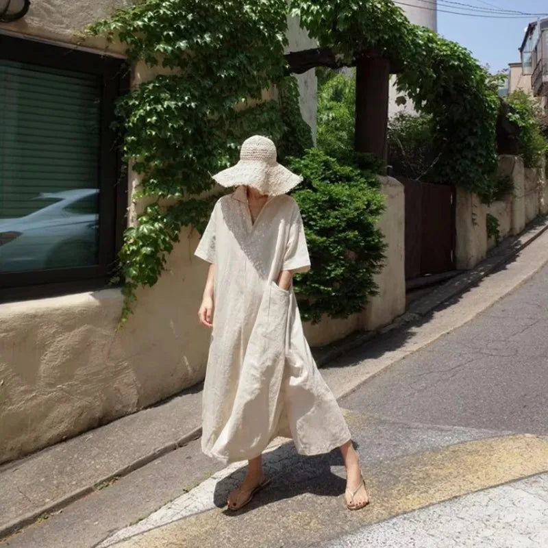 Women V‑Neck Midi Long Dress Short Sleeve Loose Dress With Pockets Casual Vacation Daily Streetwear Ladies Baggy Maxi Dresses