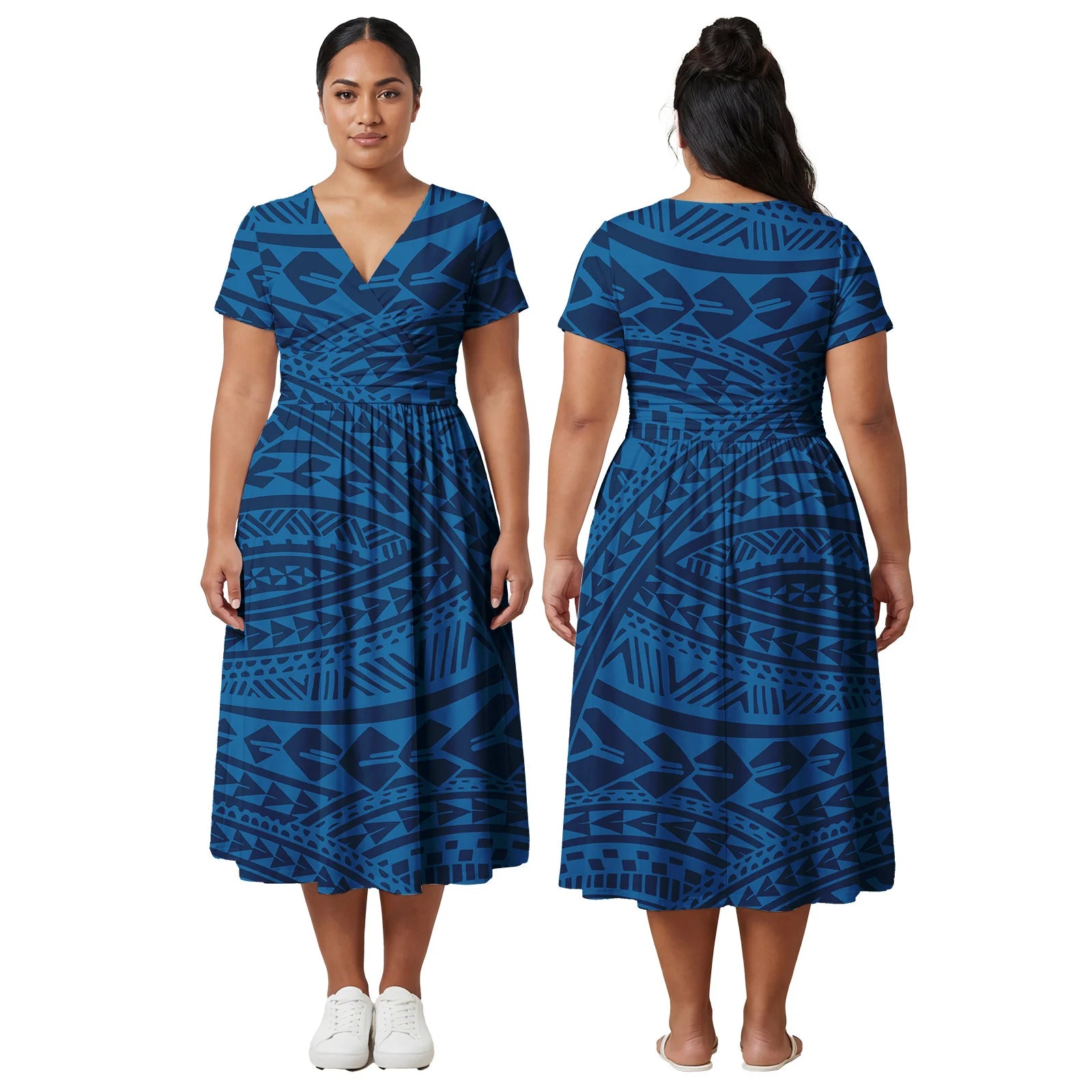 Custom Ladies Clothes Polynesian Midi Skirts Hawaiian Island Side Zipper Design Dress Samoan Women Tribal Short Sleeve Dresses
