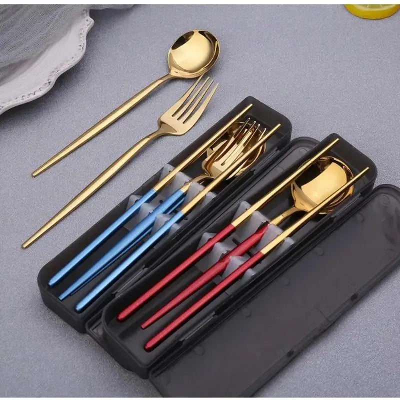 Portable Stainless Steel Spoon Fork Chopsticks Cutlery Set With Storage Box Travel Tableware For Coffee Fruit Dessert Snack