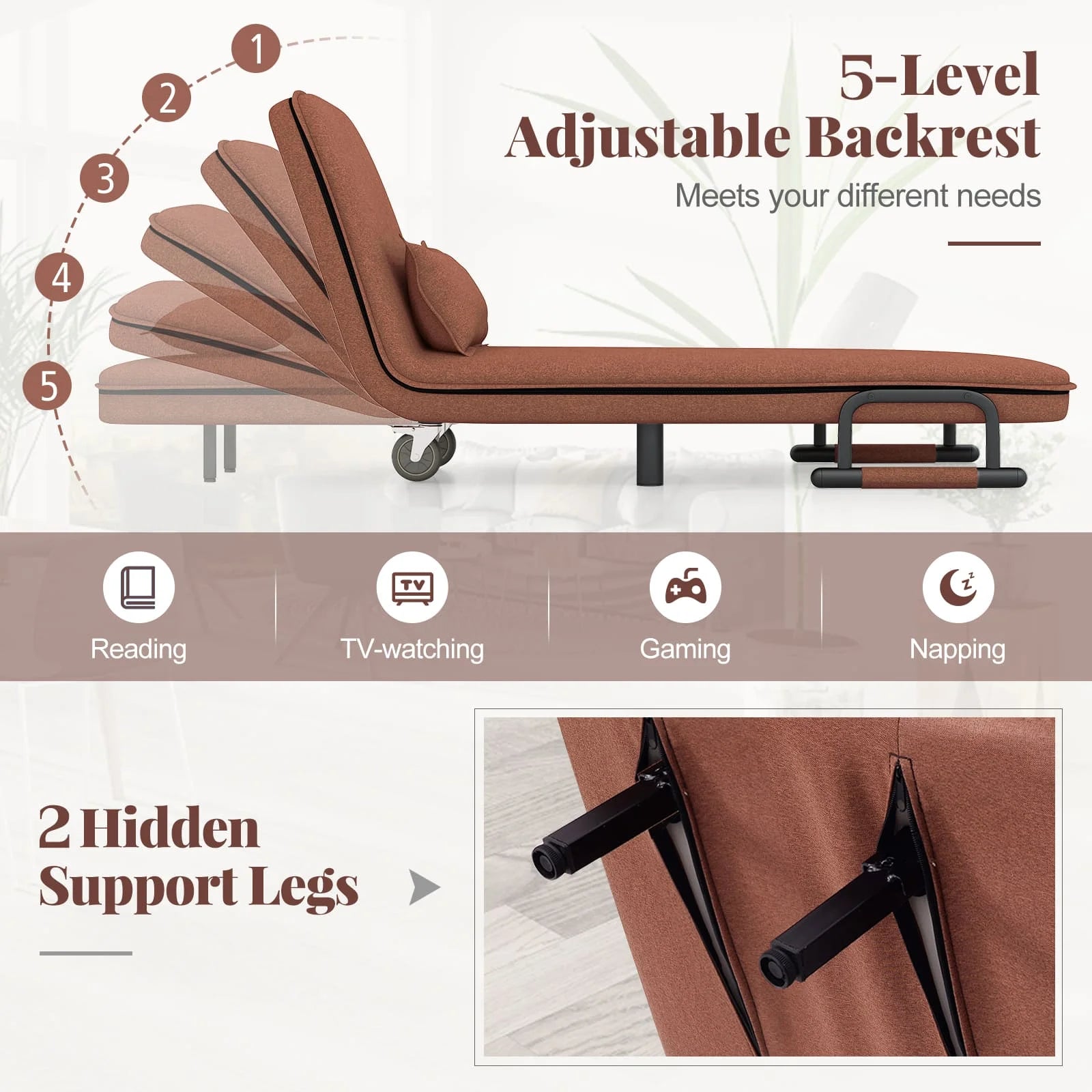 GOFLAME Single Folding Sofa Bed Chair Modern Fabric Sleep Function Holder With Pillow