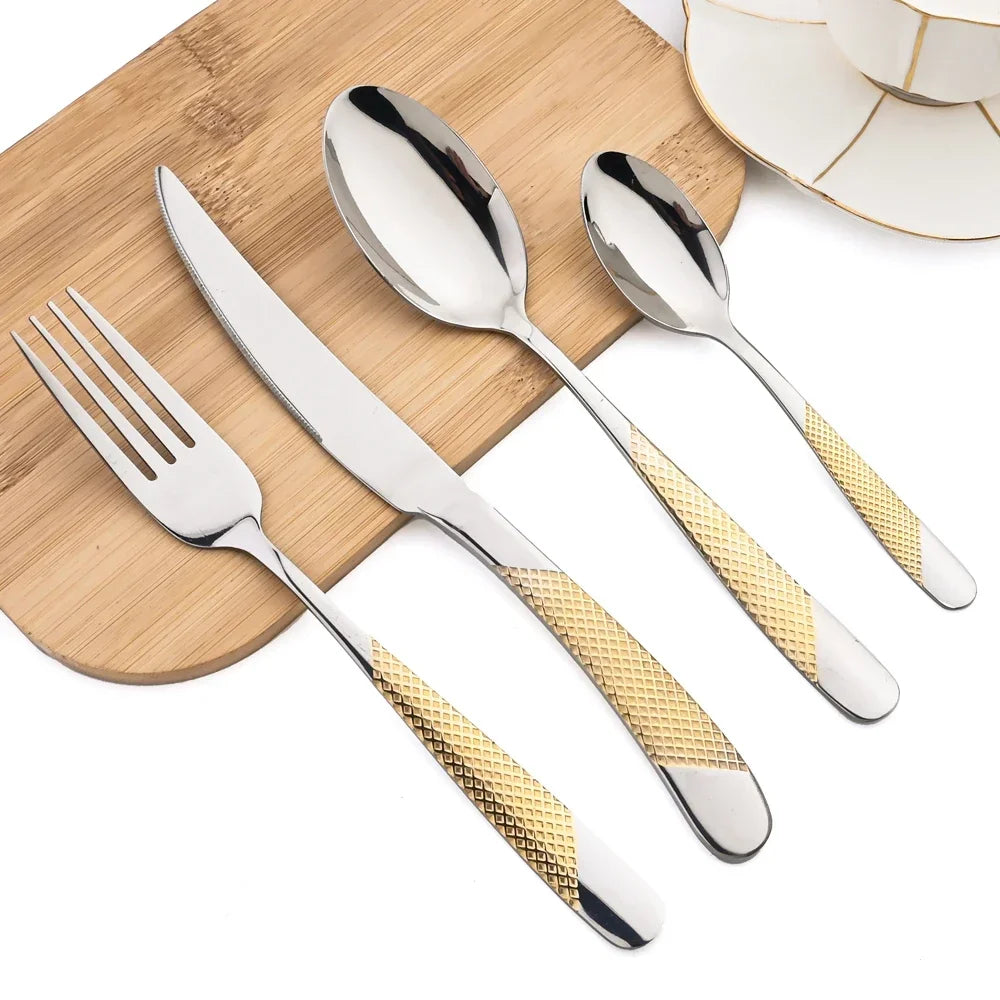 24Pcs Cutlery Set Stainless Steel Knife Fork Spoon Dinnerware Western Tableware Set Kitchen Flatware Dinner Silverware Table Set