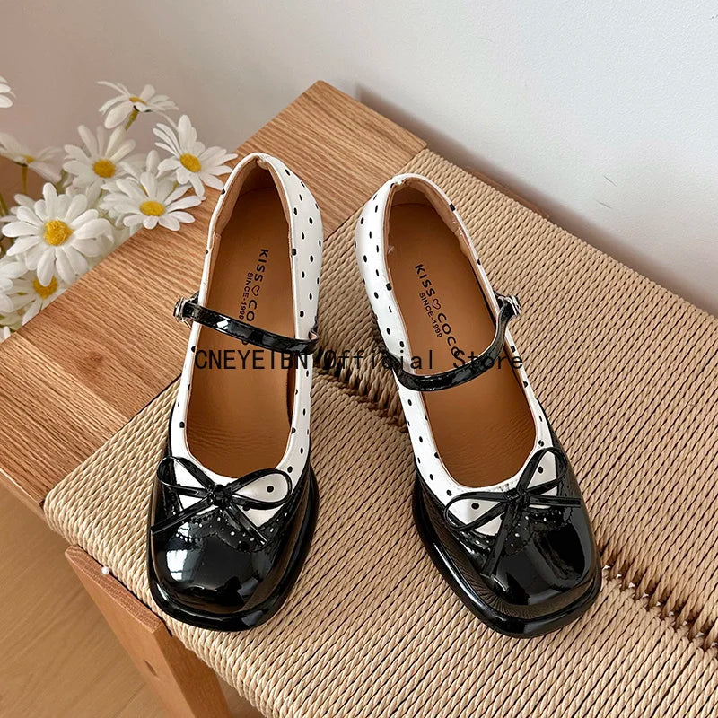 Platform Block Heels Polka Dot Women Mary Jane Shoes Concise Ankle Strap Shoes Spring Women's Elegant Butterfly-knot Dress Pumps