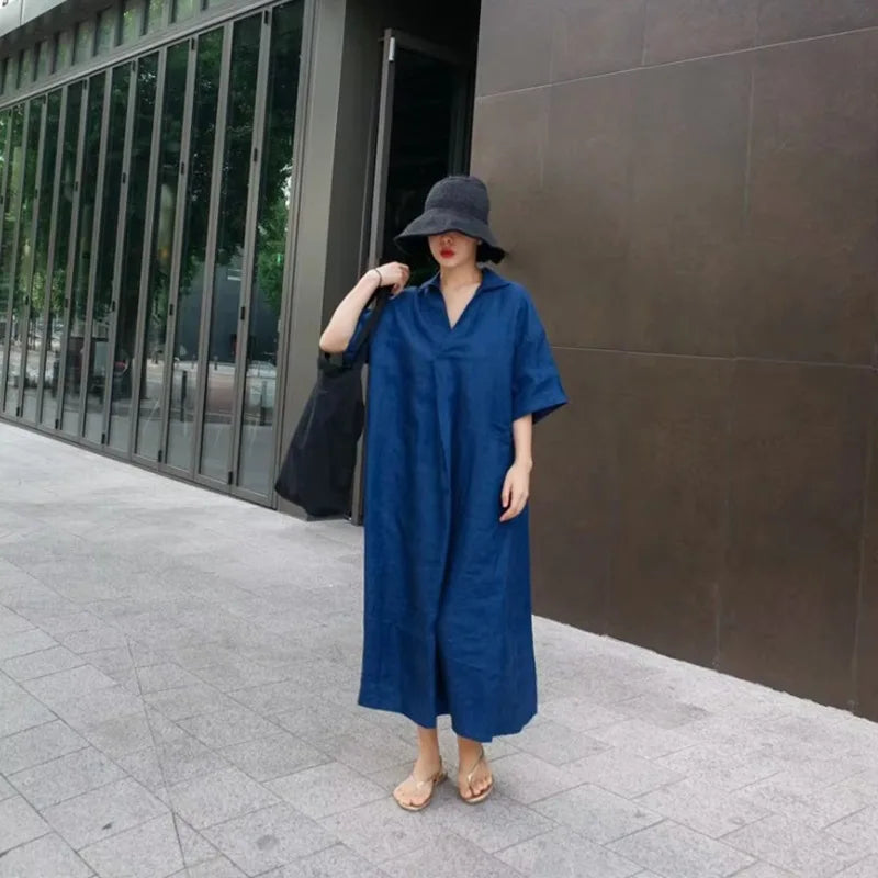 Women V‑Neck Midi Long Dress Short Sleeve Loose Dress With Pockets Casual Vacation Daily Streetwear Ladies Baggy Maxi Dresses
