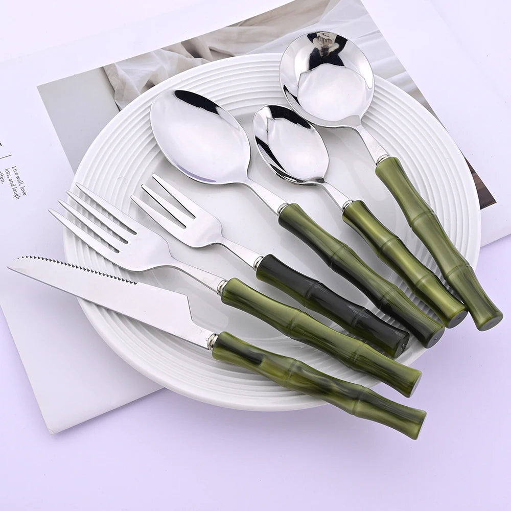 4Pcs Imitation Bamboo Handle Dinnerware Set Knife Fork Spoon Tableware Set Stainless Steel Cutlery Kitchen Flatware