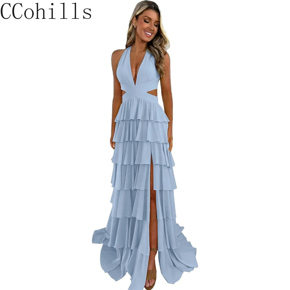 Customized Halter Tiered Ruffle Prom Dresses for Women 2026 Strapless Chiffon Long Formal Evening Party Gowns with Slit