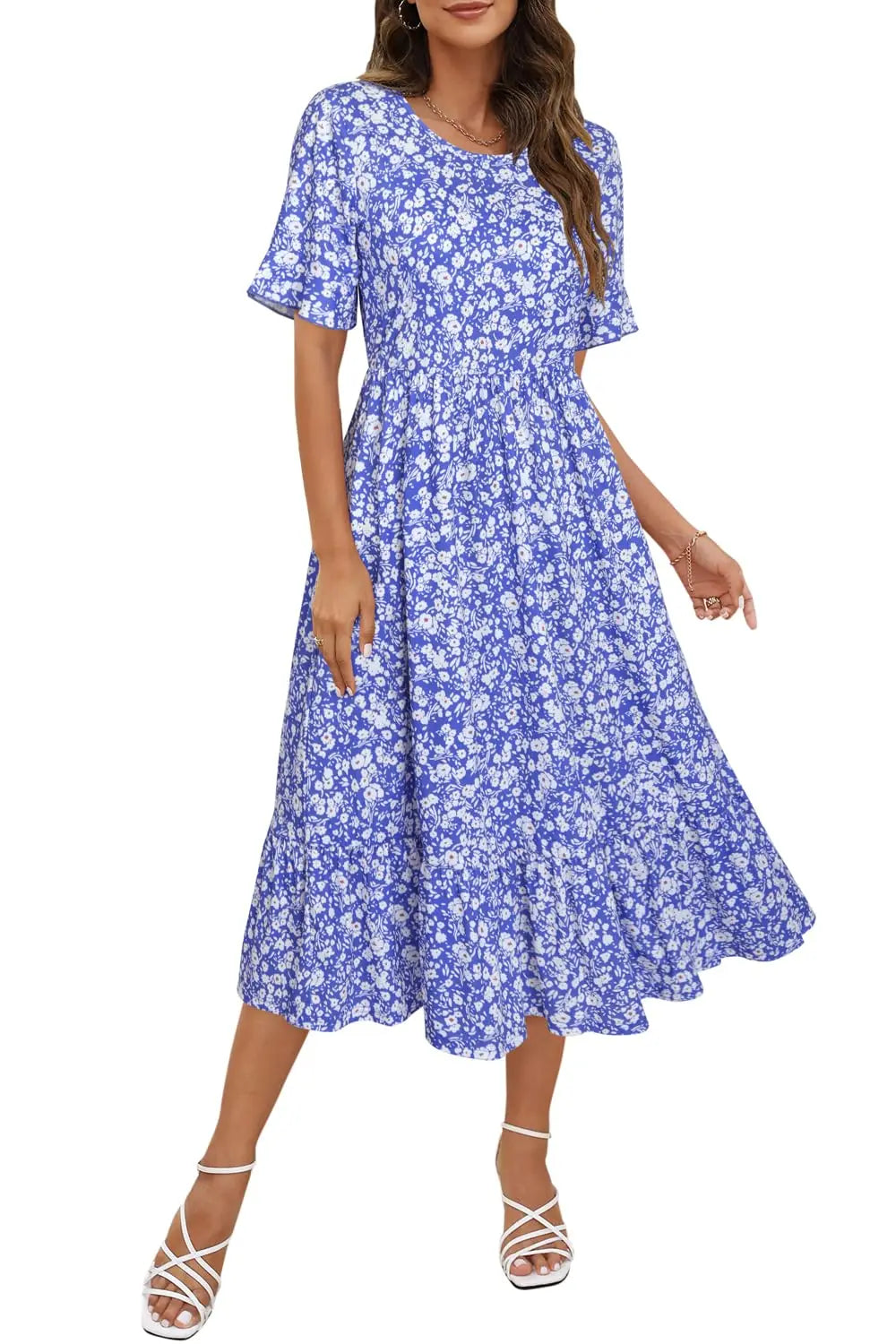 Women Summer Dress Floral Short Sleeve Casual Swing Midi Dress With Pockets