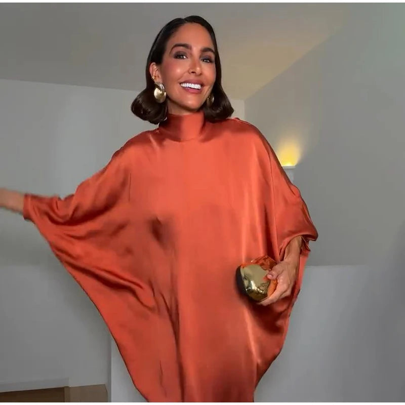 Solid Satin Maxi Dress Women Chic High Neck Batwing Sleeve Front Slit Loose Fit Dresses 2026 Summer Elegant Evening Party Gown