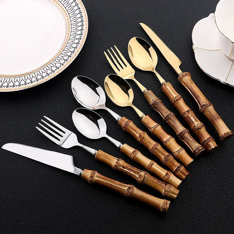 16pcs Cutlery Set Stainless Steel Natural Bamboo Handle Dinnerware Kitchen Flatware Includes Forks Spoons Knives Tableware