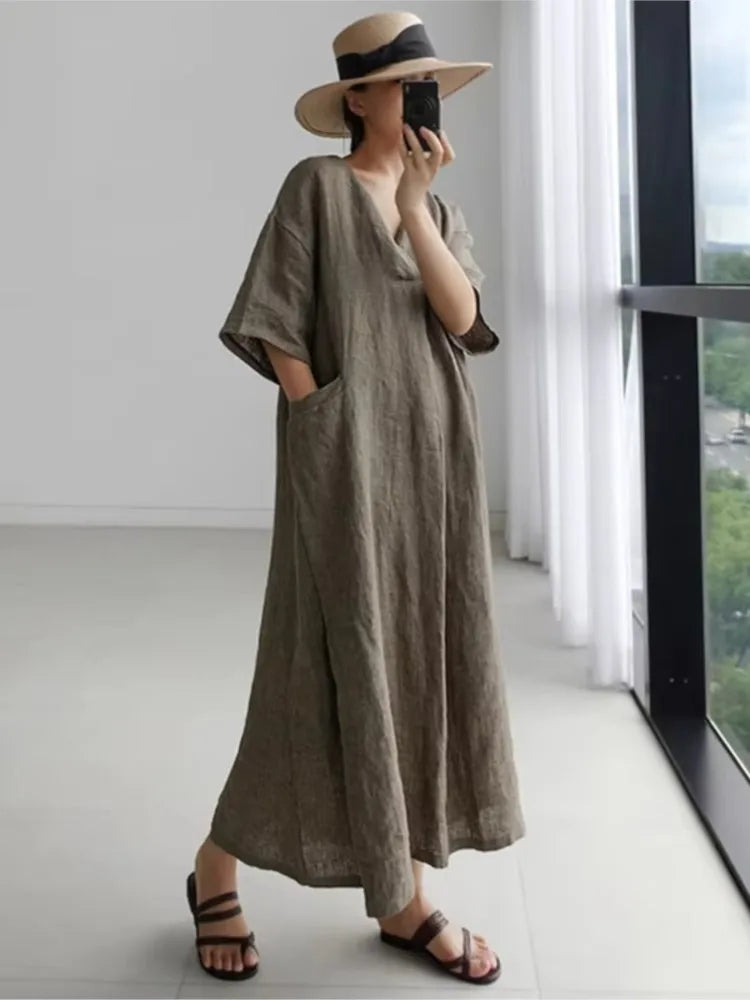 Women V‑Neck Midi Long Dress Short Sleeve Loose Dress With Pockets Casual Vacation Daily Streetwear Ladies Baggy Maxi Dresses