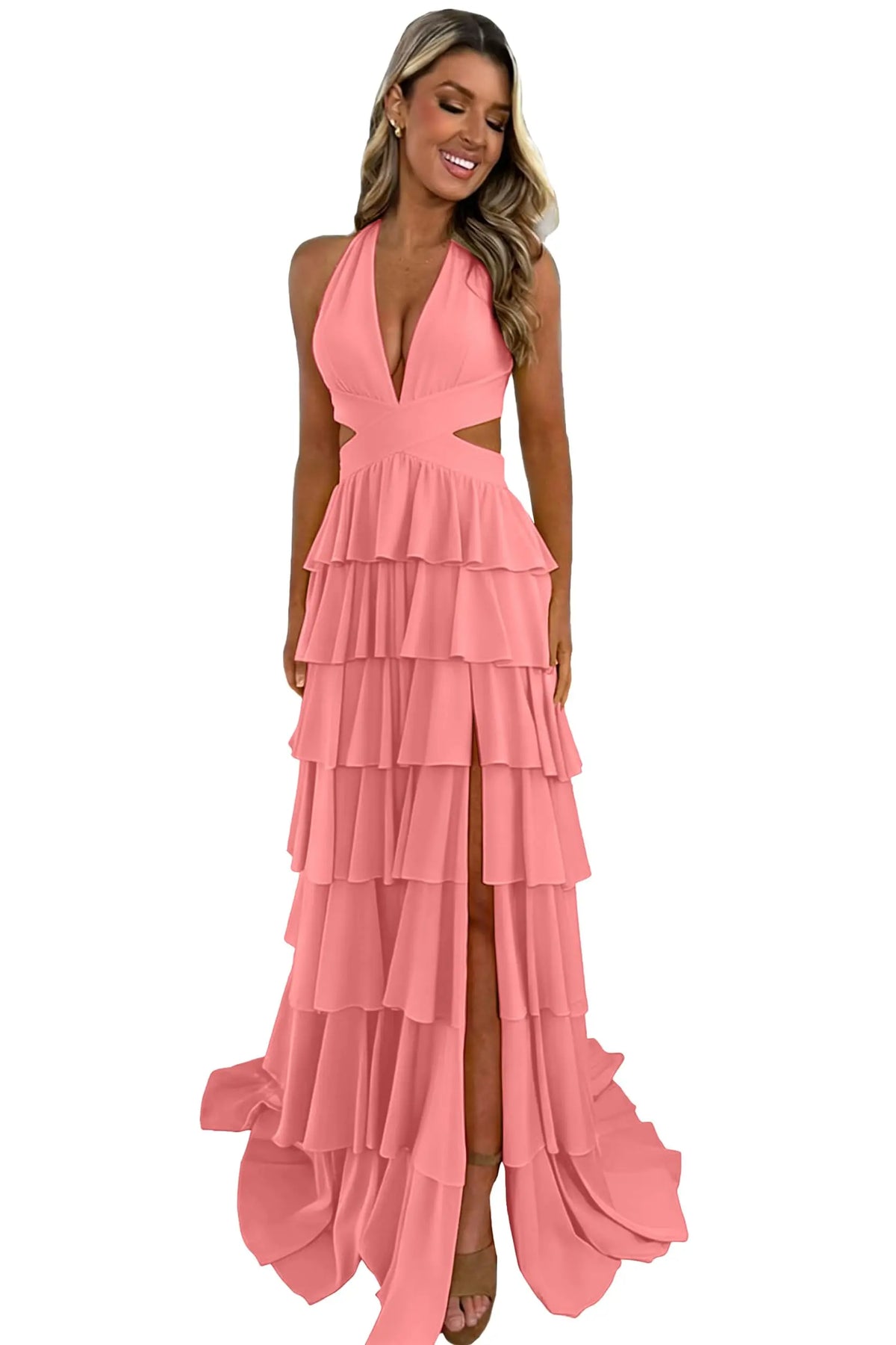 Customized Halter Tiered Ruffle Prom Dresses for Women 2026 Strapless Chiffon Long Formal Evening Party Gowns with Slit
