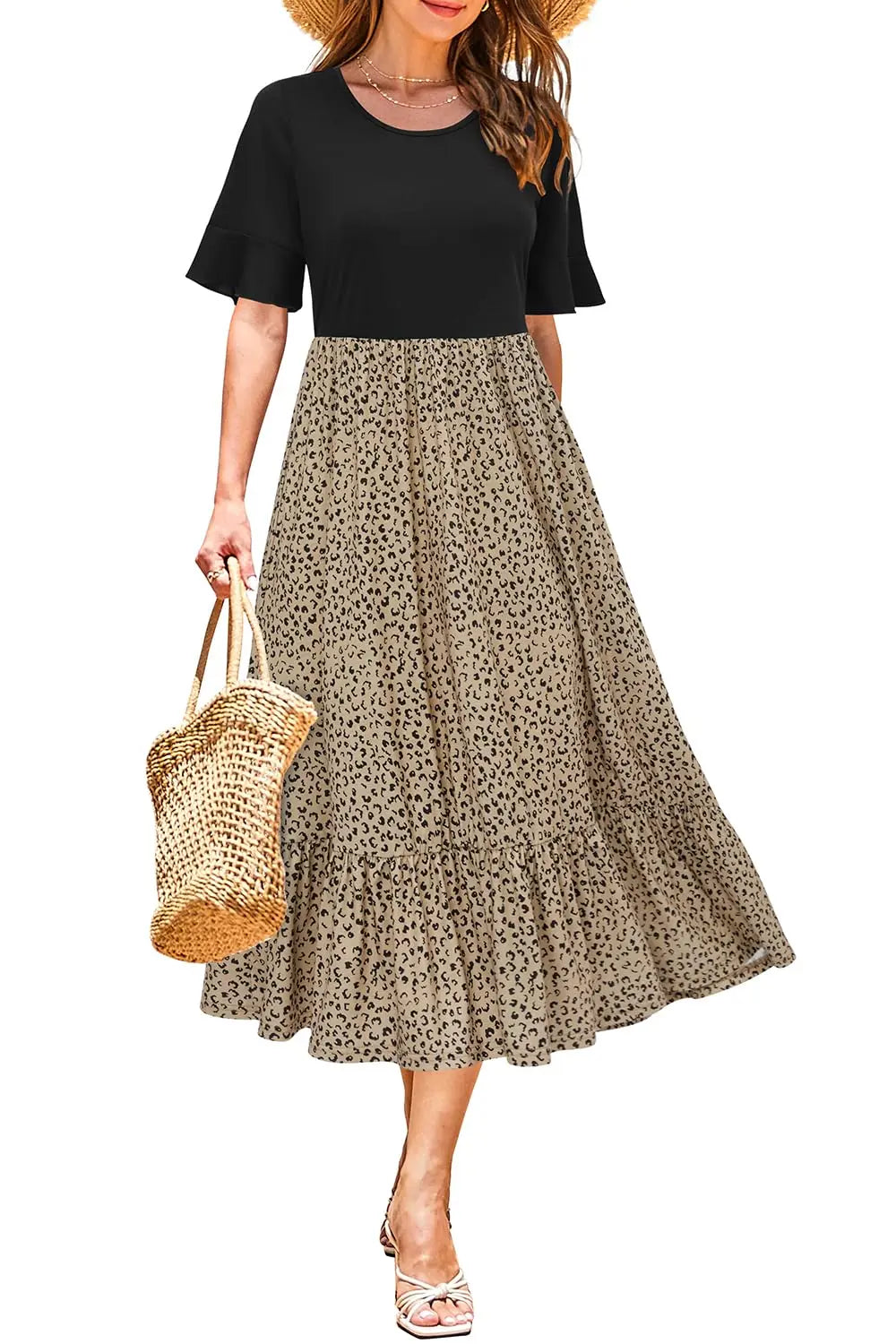 Women Summer Dress Floral Short Sleeve Casual Swing Midi Dress With Pockets