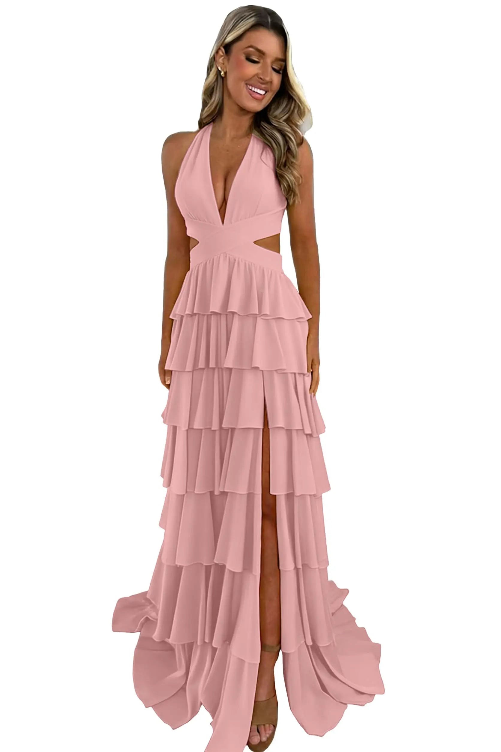 Customized Halter Tiered Ruffle Prom Dresses for Women 2026 Strapless Chiffon Long Formal Evening Party Gowns with Slit