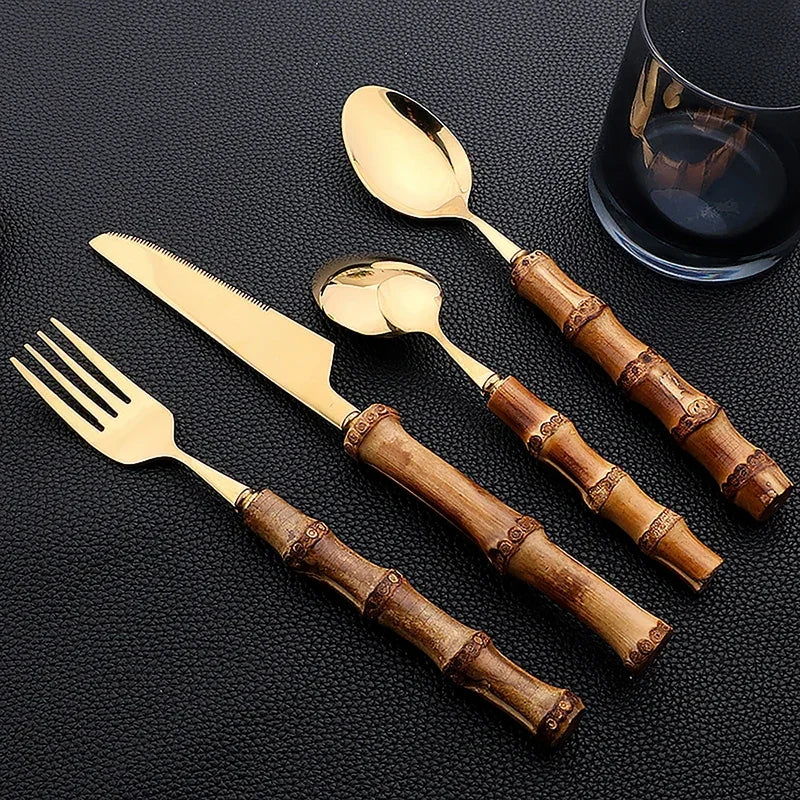 16pcs Cutlery Set Stainless Steel Natural Bamboo Handle Dinnerware Kitchen Flatware Includes Forks Spoons Knives Tableware