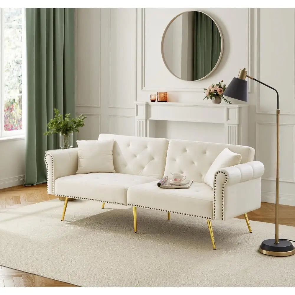 PINGGO Modern 2-Seater Sofa Bed – Velvet Upholstery, 3-Stage Adjustable Backrest & Gold-Plated Metal Feet Stylish Sofa