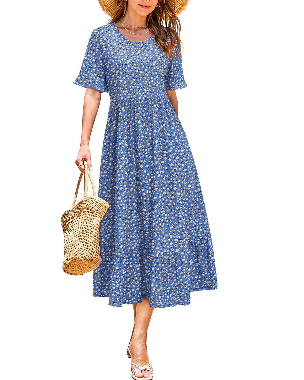 Women Summer Dress Floral Short Sleeve Casual Swing Midi Dress With Pockets