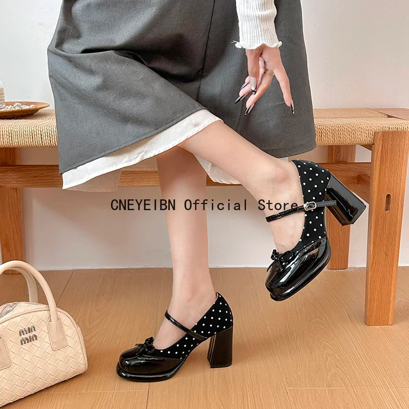 Platform Block Heels Polka Dot Women Mary Jane Shoes Concise Ankle Strap Shoes Spring Women's Elegant Butterfly-knot Dress Pumps