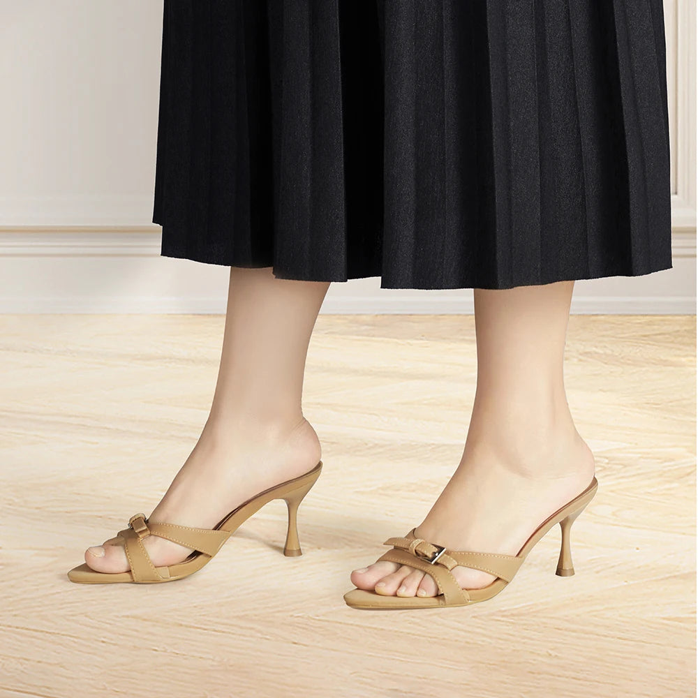 Voltsify Pointed Open Toe High Heel Slide Sandal, Black & Khaki