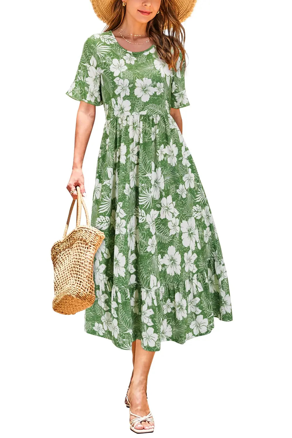 Women Summer Dress Floral Short Sleeve Casual Swing Midi Dress With Pockets